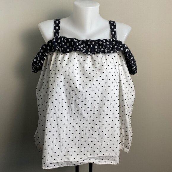 LOFT White Black Polka Dots Long Sleeve Cold Shoulder Top Swiss Dot Size Medium - Picture 1 of 9
